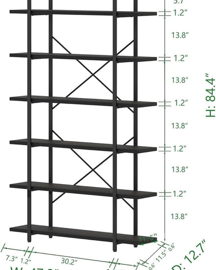 HSH 6 Tier Tall Black Bookshelf, Modern Large Storage Book Shelves & Display Book Shelf,Industrial Open Vertical Metal and Wood Black Bookcases 6 Shelf for Bedroom Living Room Office, Black Oak - LeafyLoom