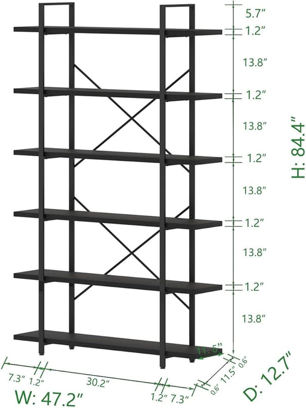 HSH 6 Tier Tall Black Bookshelf, Modern Large Storage Book Shelves & Display Book Shelf,Industrial Open Vertical Metal and Wood Black Bookcases 6 Shelf for Bedroom Living Room Office, Black Oak - LeafyLoom