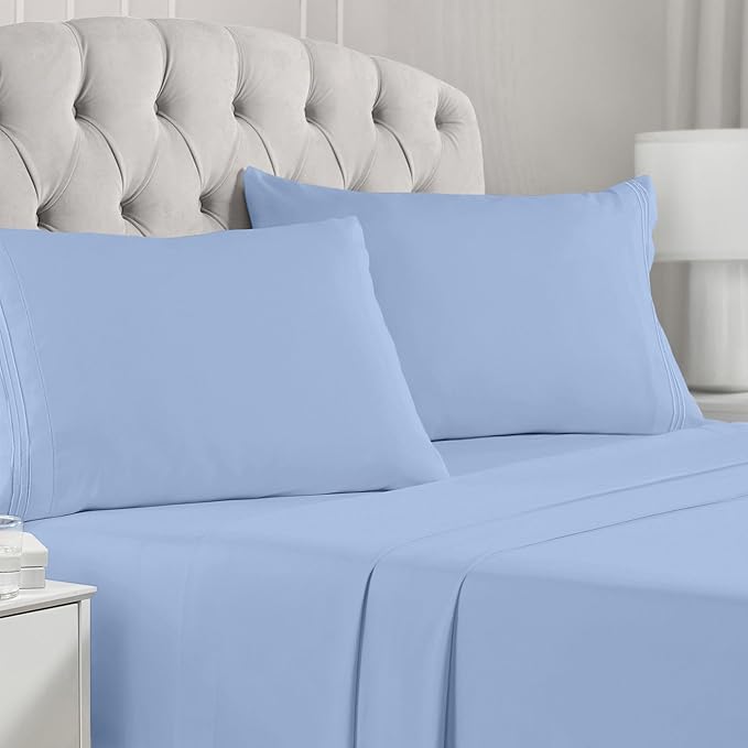 Mellanni King Sheets Set - 4 PC Iconic Collection Bedding Sheets & Pillowcases - Hotel Luxury, Extra Soft, Cooling Bed Sheets - Deep Pocket up to 16 inch (King, Sky Blue) - LeafyLoom