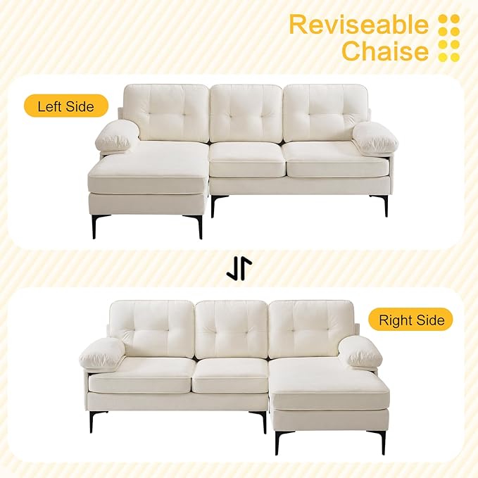 COHOME L-Shaped Couch for Living Room, Chenille Upholstered Couch with Reversible Chaise, Apartment Couch with Deep Seat,Washable Cover,Beige White - LeafyLoom