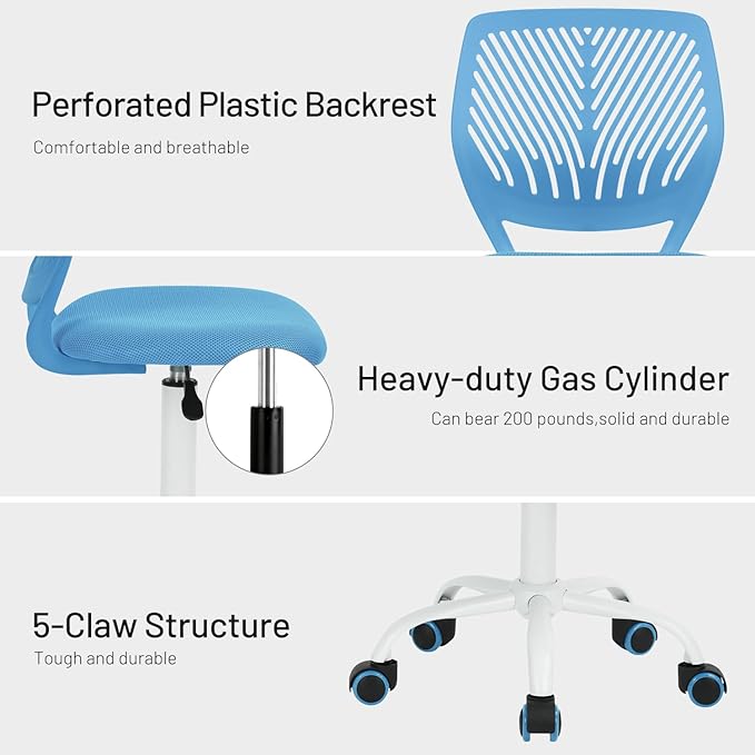 FurnitureR Desk Chair Small Study Chairs Armless for Child Kids Teens, Swivel Rolling Lightweight Task Chair with Wheels and Mesh Padded Cushion, Blue - LeafyLoom