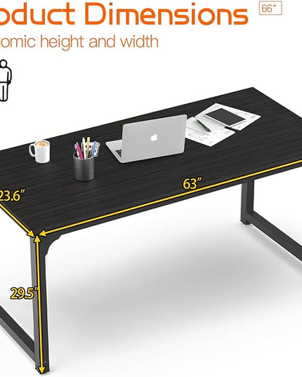 NSdirect 63 inch Computer Desk,Modern Simple Style PC Table Office Desk Wide Workstation for Study Writing,Gaming and Home Office,Extra 1" Thicker Wooden Tabletop and Black Metal Frame,Black - LeafyLoom
