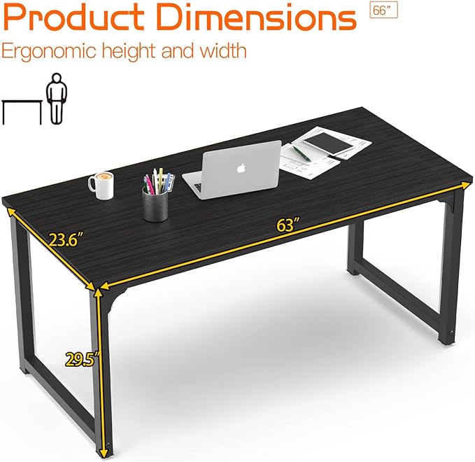 NSdirect 63 inch Computer Desk,Modern Simple Style PC Table Office Desk Wide Workstation for Study Writing,Gaming and Home Office,Extra 1" Thicker Wooden Tabletop and Black Metal Frame,Black - LeafyLoom