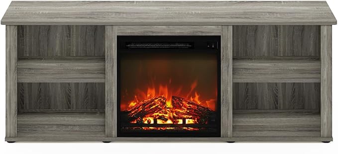 Furinno Classic 60 Inch TV Stand with Fireplace, French Oak Grey - LeafyLoom