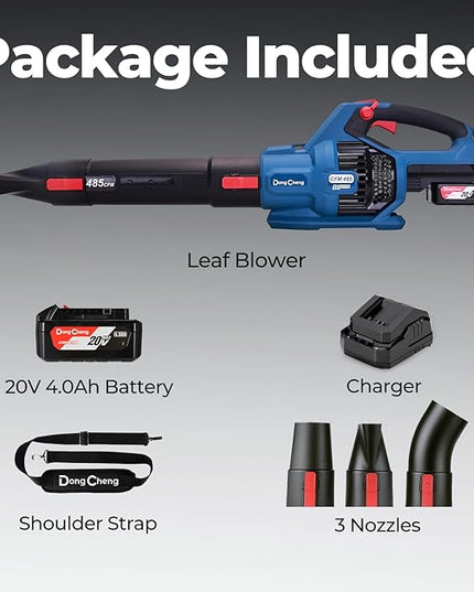 DongCheng Cordless Leaf Blower, 485 CFM Variable Speed & Turbo Mode, 3 Nozzles, Shoulder Strap, 4.0Ah Battery and Charger Included, Battery Powered Leaf Blower for Town Care, Patio and Blowing Leaves - LeafyLoom