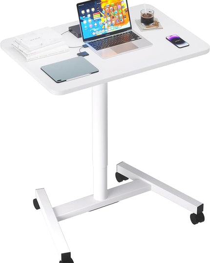 Rolling Desk with Adjustable Height, Sit-to-Stand Desk with Lockable Wheels, 28-Inch Rolling Standing Mobile Desk Cart for Home Office Classroom (White) - LeafyLoom