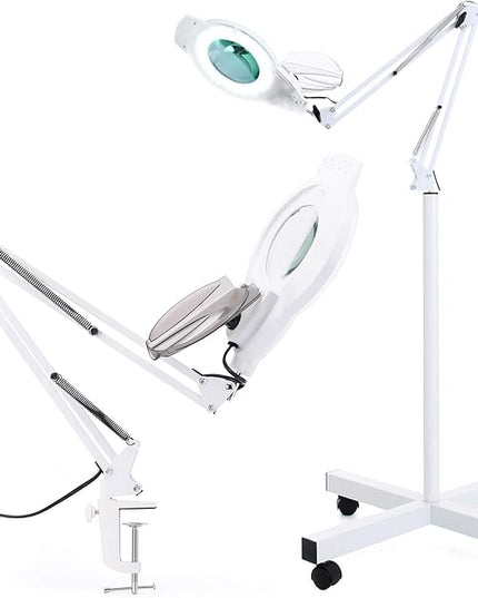 10X Magniyfing Floor Lamp with 4 Wheel Rolling Base for Estheticians 2,200 Lumens LED Magnifier Lighted Glass Lens, Adjustable Stand & Swivel Arm Floor Lamp for Reading, Crafts, Tasks-White - LeafyLoom