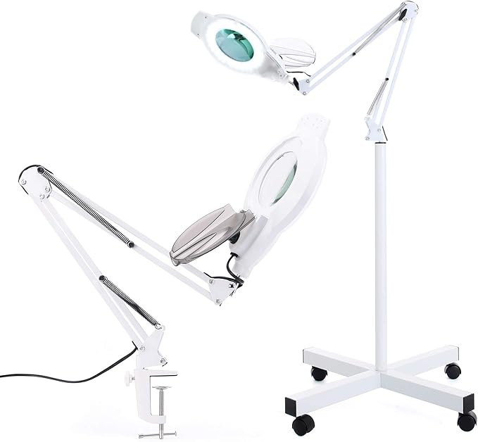 10X Magniyfing Floor Lamp with 4 Wheel Rolling Base for Estheticians 2,200 Lumens LED Magnifier Lighted Glass Lens, Adjustable Stand & Swivel Arm Floor Lamp for Reading, Crafts, Tasks-White - LeafyLoom