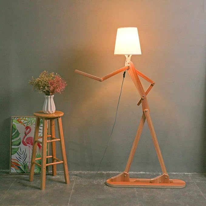 Cool Tall Floor Lamp for Living Room Bedroom Farmhouse - Corner Decorative Reading Standing Light Wood Creative Swing Arm Arc Design Gift for Kids/Boys/Girls Bedside - with LED Bulb (Ash) - LeafyLoom