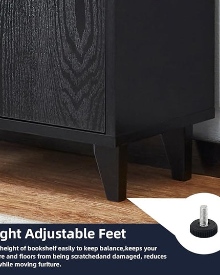 Modern Bookcase with 2 doors 68" Tall Storage Wooden Bookshelf with 7 Compartments for Home Office, Black - LeafyLoom