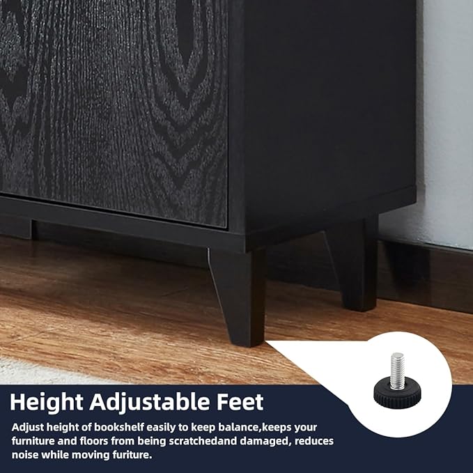Modern Bookcase with 2 doors 68" Tall Storage Wooden Bookshelf with 7 Compartments for Home Office, Black - LeafyLoom