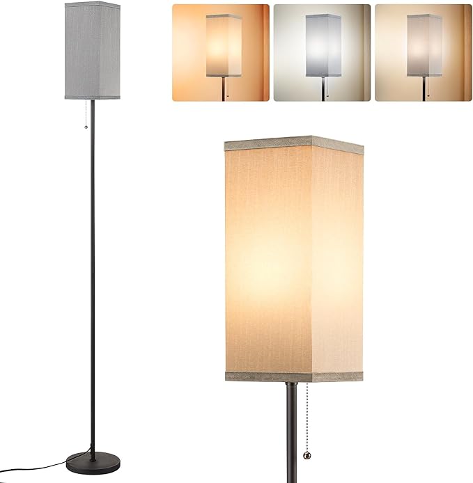 Grey Floor Lamp for Bedroom Modern - 3 Color Temperature Black Standing Lamps with Pull Chain Switch, Tall Lamp for Office Home Nursery and Hotel, Pole Lamp for Reading - LeafyLoom