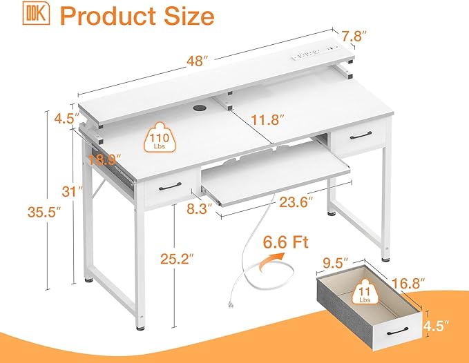 ODK White Computer Desk with Drawers, 48 Inch Office Desk with Power Outlet, PC Desk with Keyboard Tray, Study Table Work Desk with Monitor Shelf, Writing Desk for Home Office, White - LeafyLoom