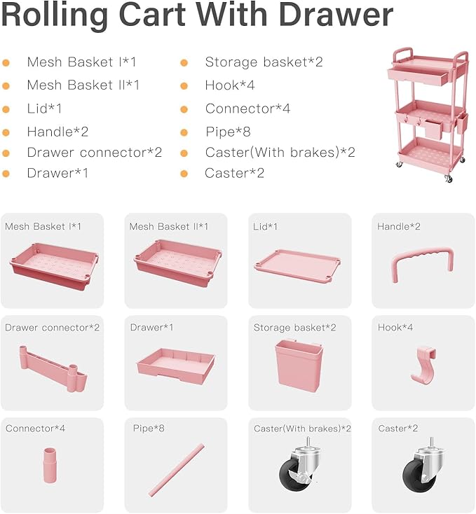 3 Tier Small Rolling Cart Organizer,Laundry Room Bathroom Organizers and Storage Office Shelves Mobile Shelving Unit Kitchen Trolley Cart with Wheels for Art,Craft,Diaper,Bedside,Snack(Pink) - LeafyLoom