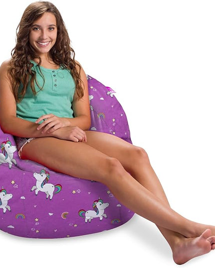 Posh Creations Structured Comfy Bean Bag Chair for Gaming, Reading, and Watching TV, Sonoma Lounge, Canvas - Unicorn and Rainbows on Purple - LeafyLoom