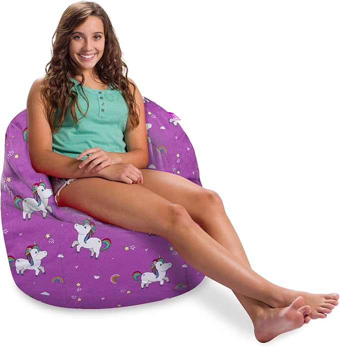 Posh Creations Structured Comfy Bean Bag Chair for Gaming, Reading, and Watching TV, Sonoma Lounge, Canvas - Unicorn and Rainbows on Purple - LeafyLoom
