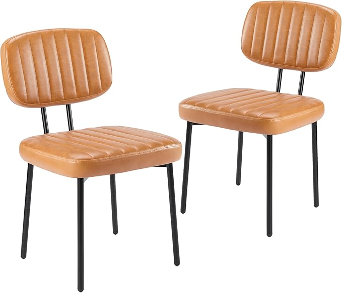 Sweetcrispy Dining Chairs Set of 2, Upholstered Mid Century Modern Kitchen Dining Room Accent Chairs with Faux Leather Cushion Seat & Metal Legs for Kitchen, Living Room - Brown - LeafyLoom