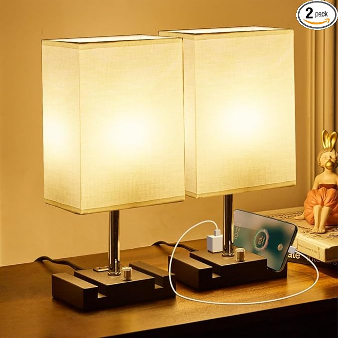 Fully Dimmable Table lamp, Lamps with Two Phone Stands and AC Outlet, Bedside Lamp with Two LED Bulb for Bedroom, Living Room,Study(Set of 2) Light White - LeafyLoom
