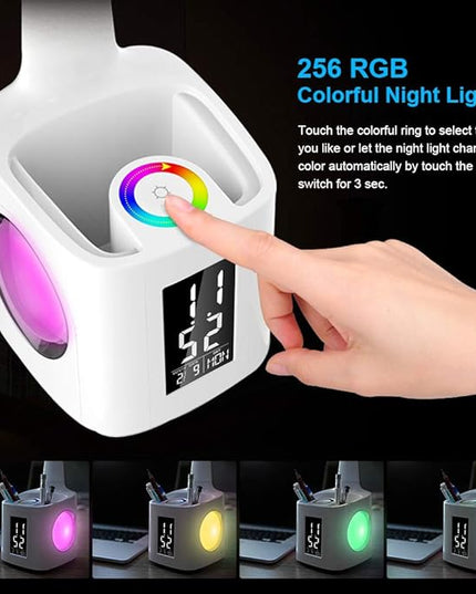 Donewin LED Desk Lamp with USB Charging Port&Pen Holder, Study Light with Clock, Kawaii Desk Accessories, Study Lamp for Kids/Girls/Boys,Desk Light for Office/Reading, Colorful Night Light,10W - LeafyLoom