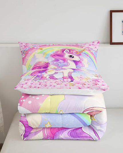 Cartoon Unicorn Kids Comforter Set King Size,Sakura Cherry Blossom Japanese Bedding Set,Girls Women Room Decor,Rainbow Unicorn Cute Down Comforter,Pink Purple Romantic Duvet Insert,2 Pillowcases - LeafyLoom