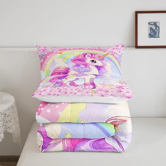 Cartoon Unicorn Kids Comforter Set King Size,Sakura Cherry Blossom Japanese Bedding Set,Girls Women Room Decor,Rainbow Unicorn Cute Down Comforter,Pink Purple Romantic Duvet Insert,2 Pillowcases - LeafyLoom
