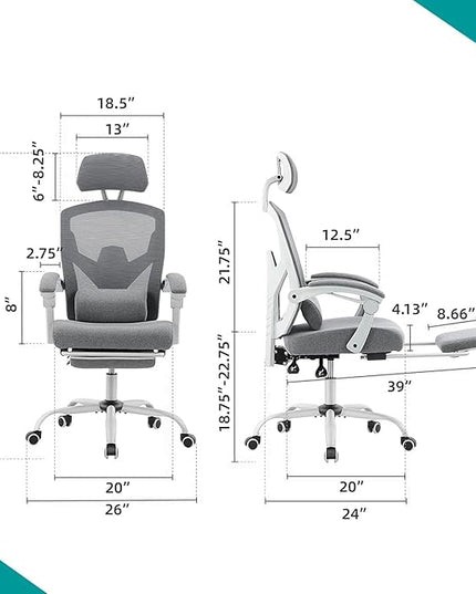 edx Ergonomic Office Chair, Reclining High Back Mesh Computer Desk Swivel Rolling Home Task Chair with Lumbar Support Pillow, Adjustable Headrest, Retractable Footrest and Padded Armrests, Grey - LeafyLoom