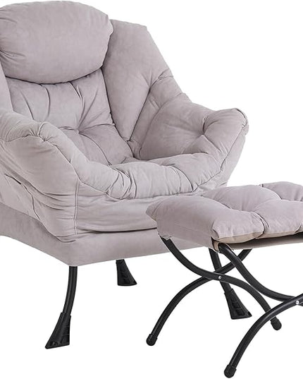 Lazy Chair and Ottoman, Large Accent Lounge Chair with Armrests and a Side Pocket, Modern Leisure Upholstered Sofa Reading Armchair with Footrest for Bedroom, Living Room, Dorm Rooms, Office - LeafyLoom