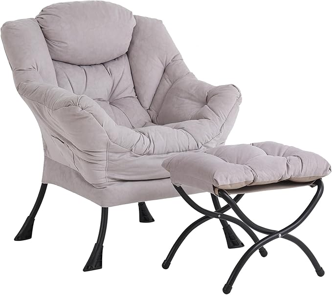 Lazy Chair and Ottoman, Large Accent Lounge Chair with Armrests and a Side Pocket, Modern Leisure Upholstered Sofa Reading Armchair with Footrest for Bedroom, Living Room, Dorm Rooms, Office - LeafyLoom