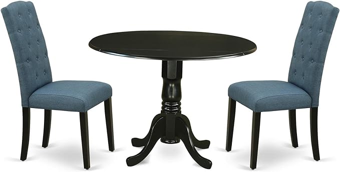 East West Furniture DLCE3-BLK-21 Dublin 3 Piece Set Contains a Round Dining Room Table with Dropleaf and 2 Mineral Blue Linen Fabric Upholstered Chairs, 42x42 Inch, Black - LeafyLoom