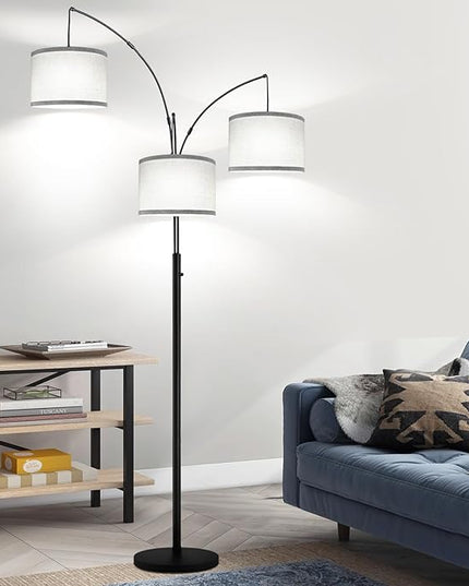 Dimmable Floor Lamp, 3 Lights Arc Floor Lamps for Living Room, Modern Tall Standing Tree Lamp with Gray Linen Shade & Heavy Base, Large Floor Lamp for Bedroom Office, 3x1000 LM LED Bulbs Included - LeafyLoom