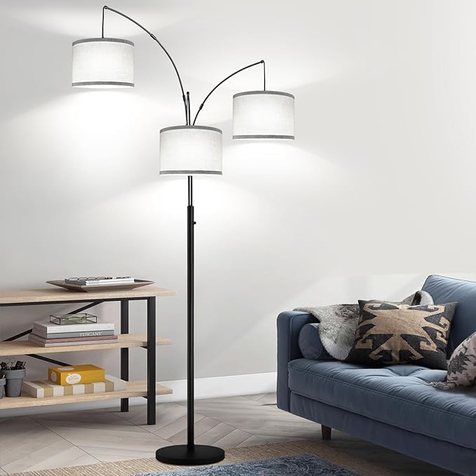 Dimmable Floor Lamp, 3 Lights Arc Floor Lamps for Living Room, Modern Tall Standing Tree Lamp with Gray Linen Shade & Heavy Base, Large Floor Lamp for Bedroom Office, 3x1000 LM LED Bulbs Included - LeafyLoom