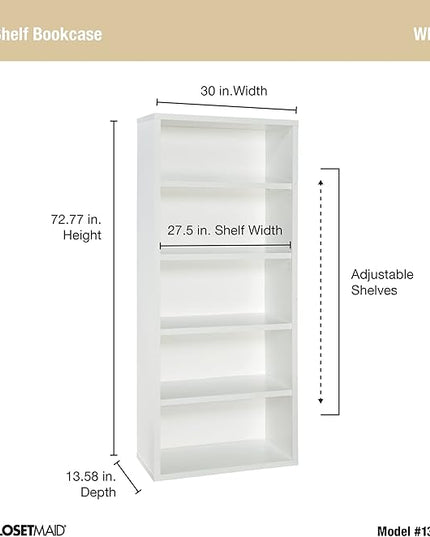 ClosetMaid Bookshelf with 5 Shelf Tiers, Adjustable Shelves, Tall Bookcase Sturdy Wood with Closed Back Panel, White Finish - LeafyLoom