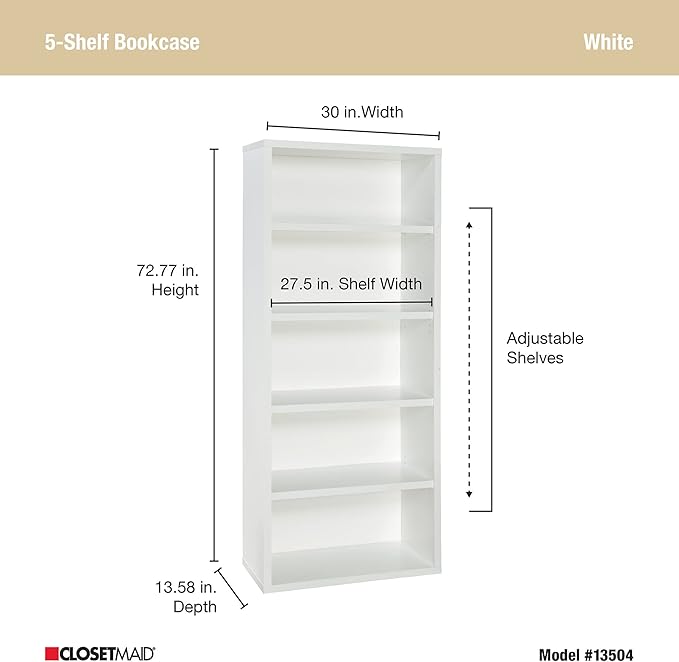 ClosetMaid Bookshelf with 5 Shelf Tiers, Adjustable Shelves, Tall Bookcase Sturdy Wood with Closed Back Panel, White Finish - LeafyLoom