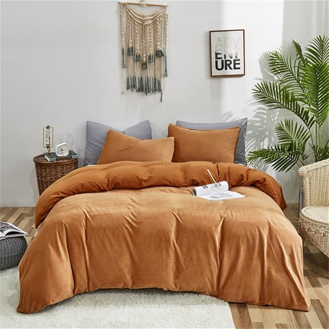 Wellboo Velvet King Size Comforter Set Pumpkin Fluffy Bedding Set for Women Girls Burnt Orange Plush Bedding Comforters Solid Terracotta Flannel Quilt Soft Rust Pumpkin Fuzzy Blanket Sherpa Shaggy Bed - LeafyLoom