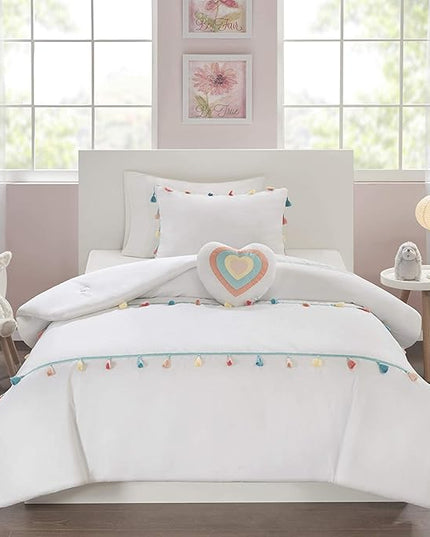 Mi Zone Kids Tessa Cozy Comforter Set, Colorful Fun Design All Season Children Bedding Girls Bedroom Décor, Full/Queen, White with Colorful Tassel 4 Piece - LeafyLoom