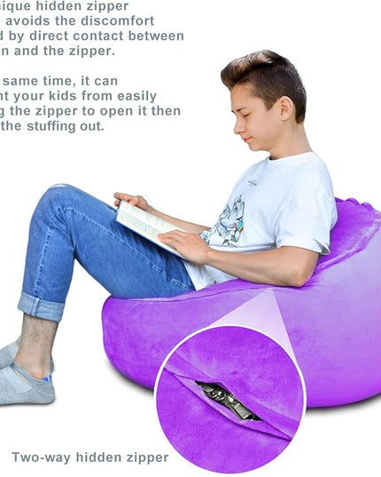 Bean Bag Chair Cover, Stuffed Animal Storage, Plush Toys Organizer Holder, Beanbag Chairs Cover for Kids Teans and Adults Super Soft and Comfortable Fabric X-Large with Handle and Zipper -Round Purple - LeafyLoom