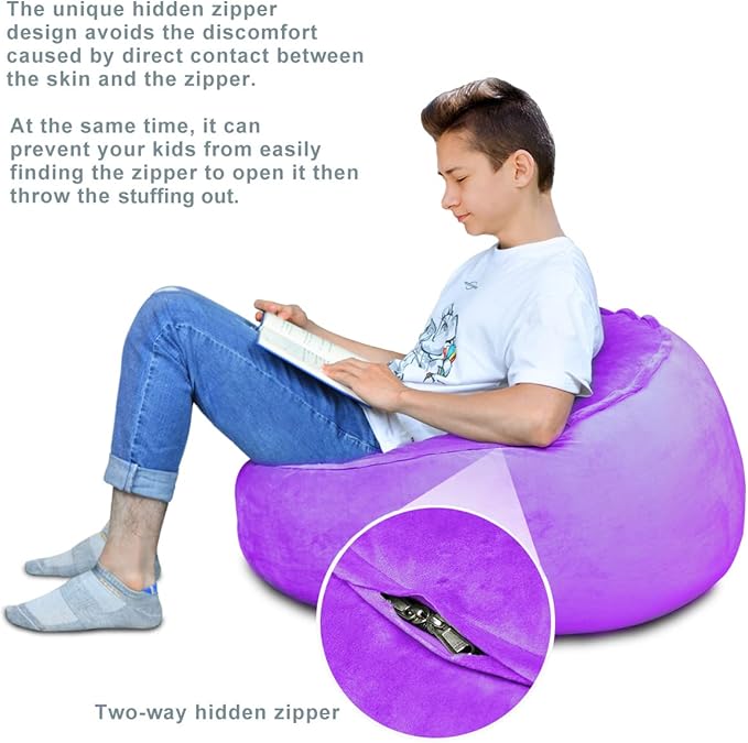 Bean Bag Chair Cover, Stuffed Animal Storage, Plush Toys Organizer Holder, Beanbag Chairs Cover for Kids Teans and Adults Super Soft and Comfortable Fabric X-Large with Handle and Zipper -Round Purple - LeafyLoom