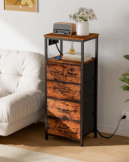 Furnulem Tall LED Dresser with Charging Station, Vertical Storage Tower Unit with Wood Shelf, 5 Drawer Nightstand for Bedroom, Living Room, Hallway, Fabric Bins, Bedside Table Furniture(Rustic Brown) - LeafyLoom