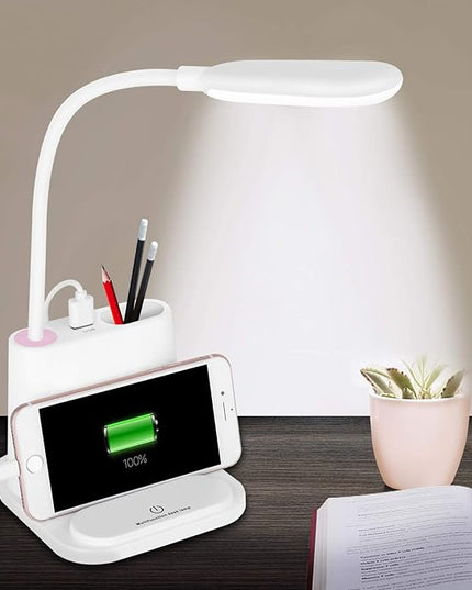LED Desk Lamp, NovoLido Rechargeable Lamp with USB Charging Port/Pen Holder/Phone Holder, Small Study Cute for Kids/Home/Office/Dorm, Flexible Portable Bedside Table Reading (White) - LeafyLoom