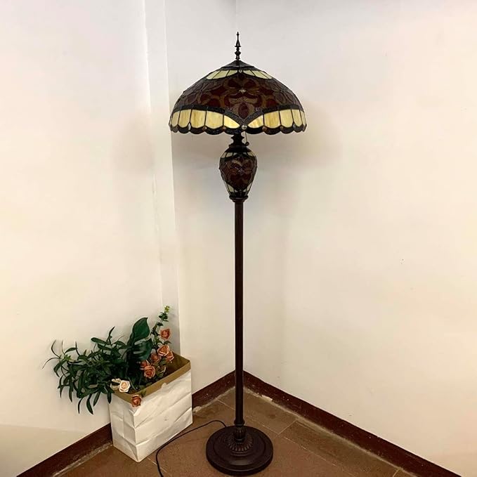 Bieye L10867 Baroque Tiffany Style Stained Glass Double Lit Floor Lamp for Home Decor 64-inch Tall (18-inch Wide, Red) - LeafyLoom