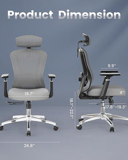 Farini Office Chair Ergonomic Desk Chair, High Back Office Chair with Wheels, Home Office Chair for Heavy People, Office Chair Adjustable Seat Depth, 3D Armrests and Adjustable Headrest, Gray - LeafyLoom