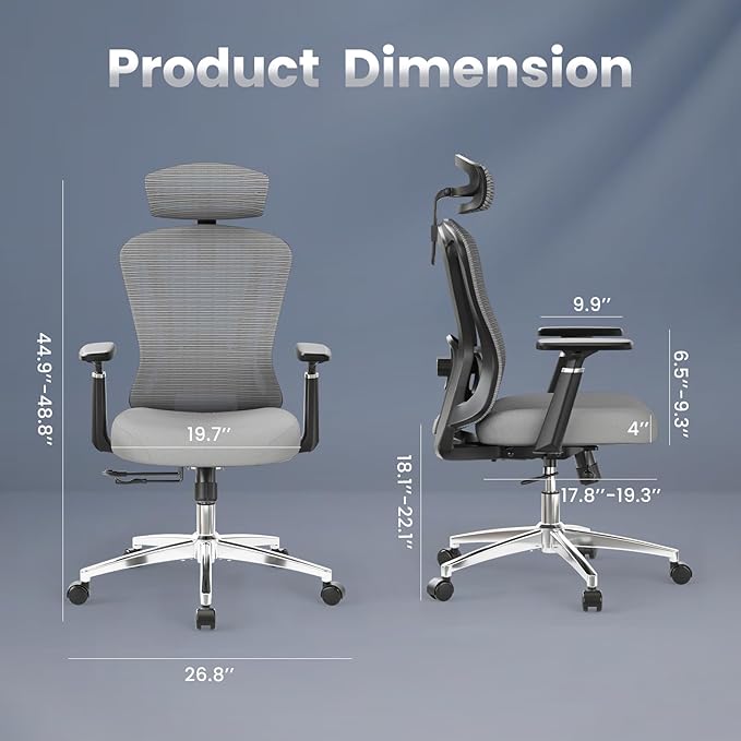 Farini Office Chair Ergonomic Desk Chair, High Back Office Chair with Wheels, Home Office Chair for Heavy People, Office Chair Adjustable Seat Depth, 3D Armrests and Adjustable Headrest, Gray - LeafyLoom