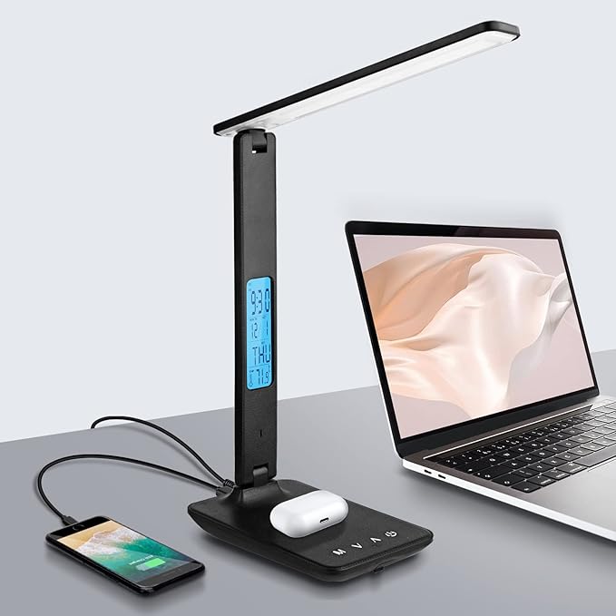 LAOPAO LED Desk Lamp with Wireless Charger, USB Charging Port, Adjustable & Foldable with Clock, Alarm, Date, Temperature, 5-Level Dimmable Lighting, for Office with Adapter - LeafyLoom