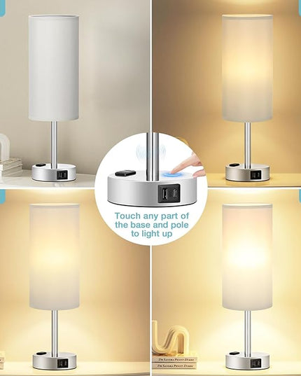 Light Grey Table Lamp for Nightstand - 3 Way Dimmable Touch Bedside Lamp USB C and A Charging Ports and AC Outlet, Small Desk Lamp with Silver Base for Office Nursery, LED Bulb Included - LeafyLoom