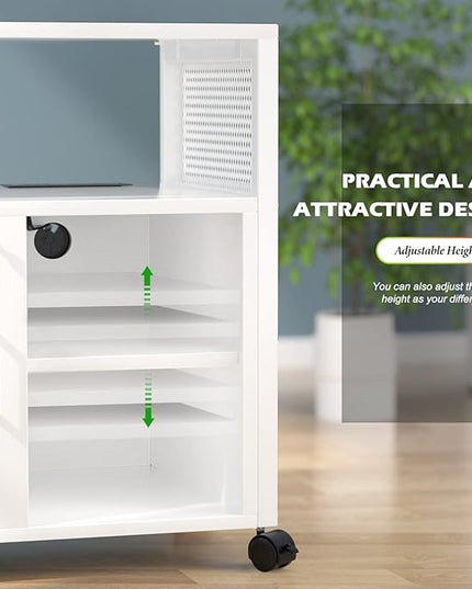 Unikito Rolling File Cabinet Lateral Office Filing Cabinets with Socket and USB Charging Port, Modern Printer Stand on Wheels, Printer Cabinet with Door and Open Storage, Lockable, White - LeafyLoom