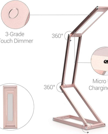 kwmobile Foldable LED Desk Lamp - Folding Portable USB Table Light with 3 Brightness Settings - for Home, Reading, Studying, Work, Travel - Rose Gold - LeafyLoom