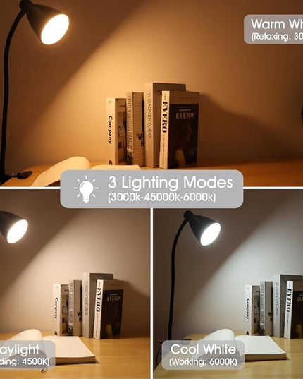 Desk Lamp Reading Light Clamp Lamp 3 Color Modes 10 Brightness Dimmer Table Lamp with Auto Off Timer Eye-Caring Lamp for Home Office 360° Flexible Gooseneck Clip AC Adapter Include(Black) - LeafyLoom