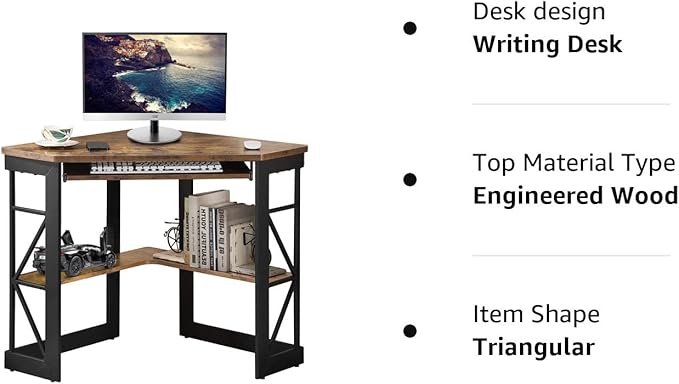 VECELO Corner Computer Desk Writing Smooth Keyboard Tray & Storage Shelves,Compact Home Office Triangle Table, Antique Brown - LeafyLoom