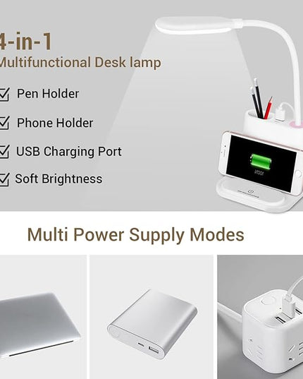 LED Desk Lamp, NovoLido Rechargeable Lamp with USB Charging Port/Pen Holder/Phone Holder, Small Study Cute for Kids/Home/Office/Dorm, Flexible Portable Bedside Table Reading (White) - LeafyLoom