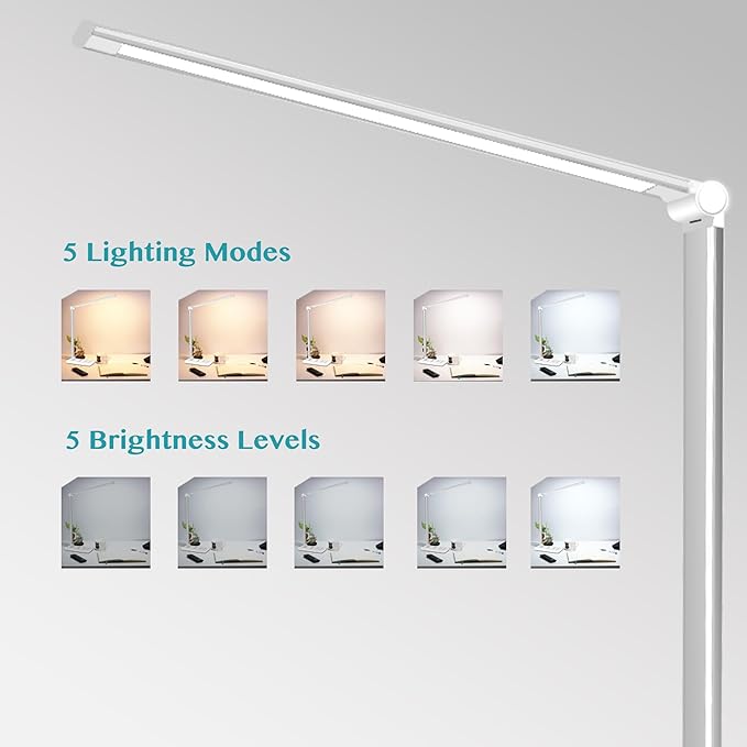 LED Desk Lamp with USB Charging Port, Dimmable Eye-Caring Table Lamps with Wireless Charger, 5 Brightness Levels & 5 Lighting Modes, Touch Control, Auto Timer - LeafyLoom